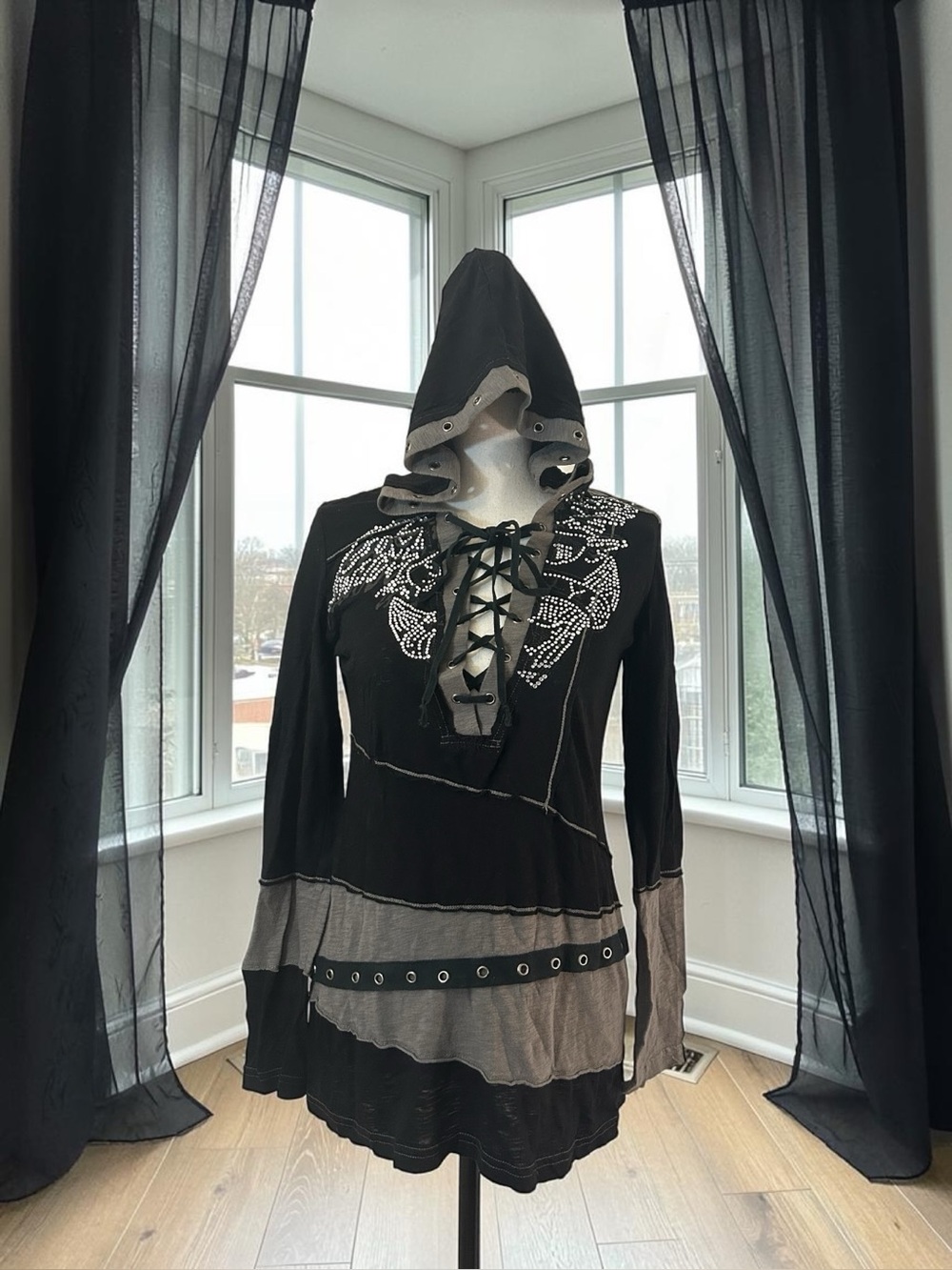 Y2K Mürmür Rhinestone Grommet Color Block Lace Up Hooded Top Grunge Goth S